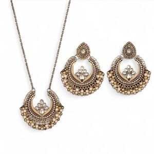 Elegant Beaded Rhinestone Necklace Earrings Jewelry Set Statement